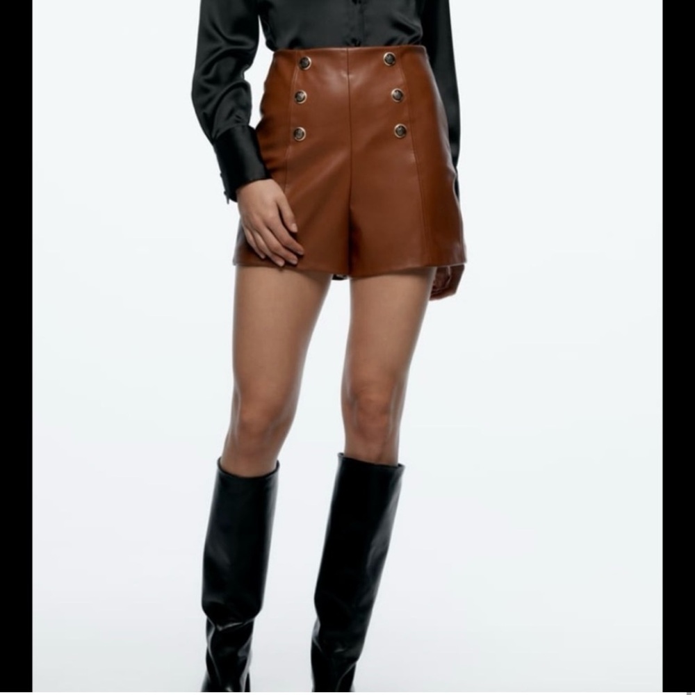 Zara Brown leather Shorts - Picture 2 of 16